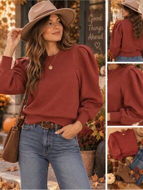 Frame Denim Puff Sleeve Crewneck Sweatshirt in Redwood Size M